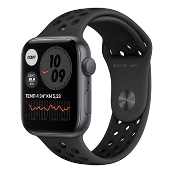 Apple Watch Nike Series 6, 44 мм, корпус из алюминия цвета «серый космос», спортивный ремешок Nike цвета «антрацитовый/чёрный»