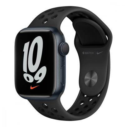 Apple Watch Nike Series 7, 41 мм корпус из алюминия цвета «тёмная ночь», спортивный ремешок Nike цвета «антрацитовый/чёрный»