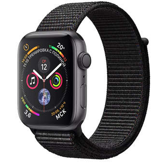 Apple Watch Series 4, 44 мм, корпус из алюминия цвета «серый космос», спортивный браслет чёрного цвета
