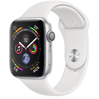 Apple Watch Series 4, 44 мм, корпус из алюминия серебристого цвета, спортивный ремешок белого цвета