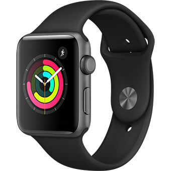 Apple Watch Series 3, 42 мм корпус из алюминия цвета «серый космос», спортивный ремешок чёрного цвета Apple Watch Series 3, 42 мм корпус из алюминия цвета «серый космос», спортивный ремешок чёрного цвета