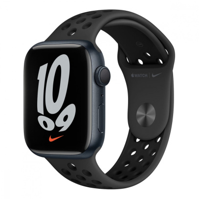 Apple Watch Nike Series 7, 45 мм корпус из алюминия цвета «тёмная ночь», спортивный ремешок Nike цвета «антрацитовый/чёрный»