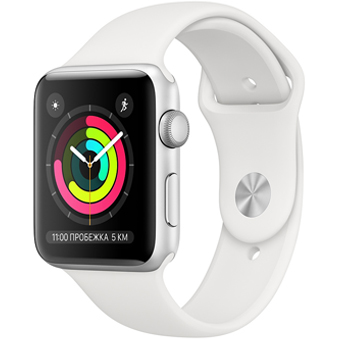 Apple Watch Series 3, 38 мм корпус из серебристого алюминия, спортивный ремешок белого цвета Apple Watch Series 3, 38 мм корпус из серебристого алюминия, спортивный ремешок белого цвета