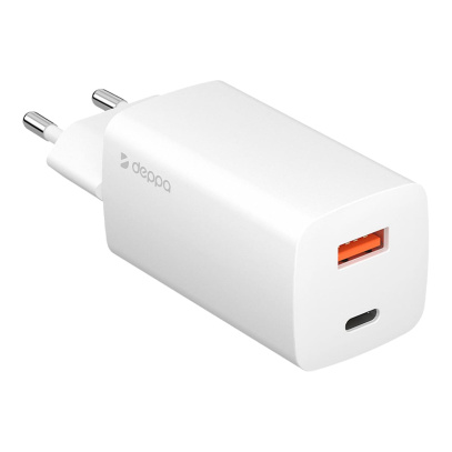 Зарядное устройство Deppa Wall Charger GaN USB A + USB Type-C, PD 3.0, QC 3.0, 65 Вт, GaN (11434), белый