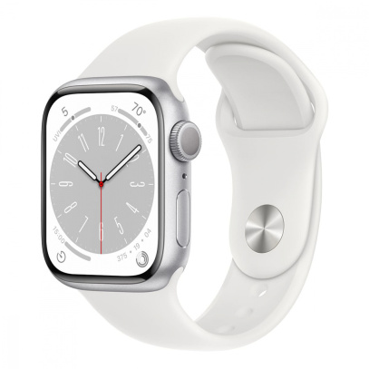 Apple Watch Series 8, 41 мм корпус из алюминия цвета «Silver», ремешок Sport Band размера M/L цвета «White»