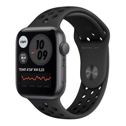 Apple Watch Nike SE (2020), 44 мм корпус из алюминия цвета «серый космос», спортивный ремешок Nike цвета «антрацитовый/чёрный»
