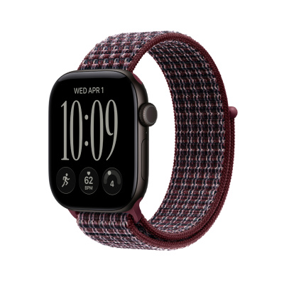 Apple Watch Series 12, 42 мм корпус из алюминия цвета «Black», ремешок Sport Loop цвета «Burgundy Plaid»