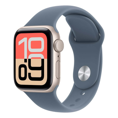 Apple Watch SE 3 (2025), 40 мм корпус из алюминия цвета «Starlight», ремешок Sport Band размера S/M цвета «Anchor Blue»