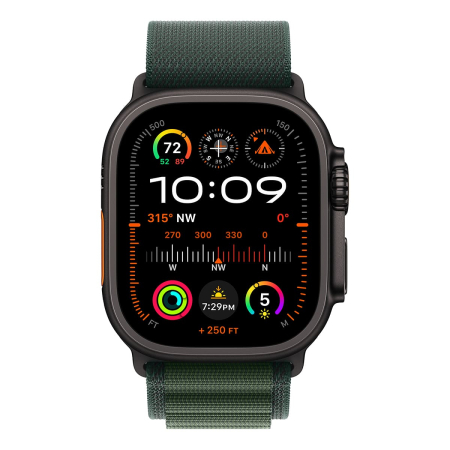 Apple Watch Ultra 2 (2024), 49 мм корпус из титана цвета «Black», ремешок Alpine Loop размера M цвета «Dark Green»