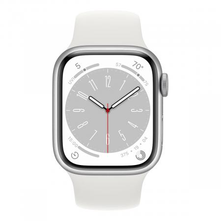 Apple Watch Series 8, 41 мм корпус из алюминия цвета «Silver», ремешок Sport Band размера S/M цвета «White» Apple Watch Series 8, 41 мм корпус из алюминия цвета «Silver», ремешок Sport Band размера S/M цвета «White»