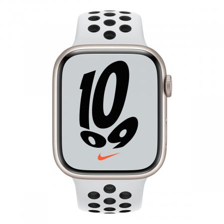 Apple Watch Nike Series 7, 45 мм корпус из алюминия цвета «сияющая звезда», спортивный ремешок Nike цвета «чистая платина/чёрный» Apple Watch Nike Series 7, 45 мм корпус из алюминия цвета «сияющая звезда», спортивный ремешок Nike цвета «чистая платина/чёрный»