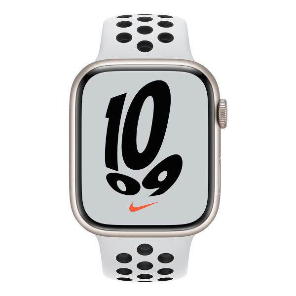 Apple Watch Nike Series 7, 45 мм корпус из алюминия цвета «сияющая звезда», спортивный ремешок Nike цвета «чистая платина/чёрный» Apple Watch Nike Series 7, 45 мм корпус из алюминия цвета «сияющая звезда», спортивный ремешок Nike цвета «чистая платина/чёрный»