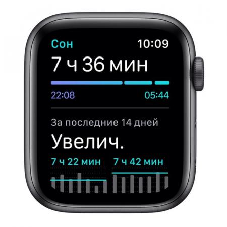 Apple Watch Nike SE (2020), 44 мм корпус из алюминия цвета «серый космос», спортивный ремешок Nike цвета «антрацитовый/чёрный»