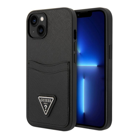 Чехол Guess для iPhone 14 PU Saffiano Double cardslot Metal triangle logo Hard (GUHCP14SPSATPK) Черный