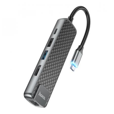 Type-C хаб hoco. для Macbook HDMI+USB3.0+USB2.0+RJ45+PD (HB23) Черный