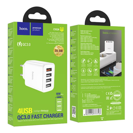 Зарядное устройство USB hoco. QC3.0 4USB порта 28,5Вт (C102A) Белый
