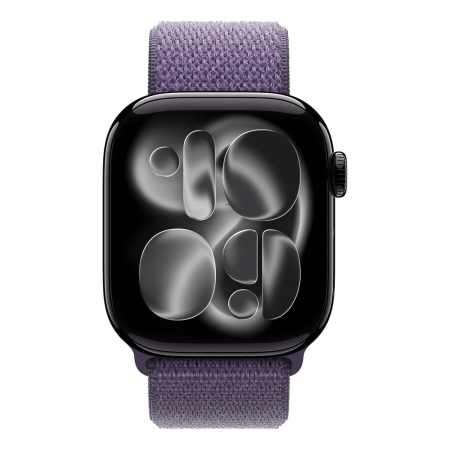 Apple Watch Series 11, 42 мм корпус из алюминия цвета «Jet Black», ремешок Sport Loop цвета «Purple Fog»