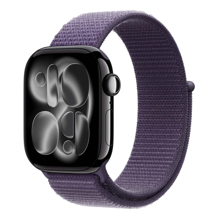 Apple Watch Series 11, 46 мм корпус из алюминия цвета «Jet Black», ремешок Sport Loop цвета «Purple Fog»
