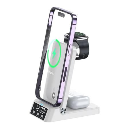 Беспроводная зарядная станция с часами 4в1 Foldable Wireless Charger 25W (A-60) White, белый