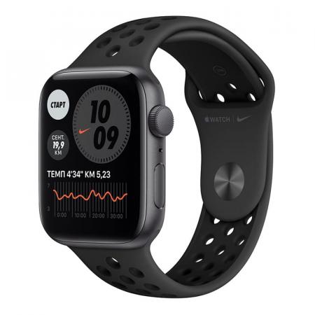 Apple Watch Nike SE (2020), 44 мм корпус из алюминия цвета «серый космос», спортивный ремешок Nike цвета «антрацитовый/чёрный»