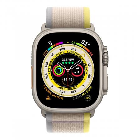 Apple Watch Ultra, 49 мм корпус из титана цвета «Natural», ремешок Trail Loop размера S/M цвета «Yellow/Beige» Apple Watch Ultra, 49 мм корпус из титана цвета «Natural», ремешок Trail Loop размера S/M цвета «Yellow/Beige»
