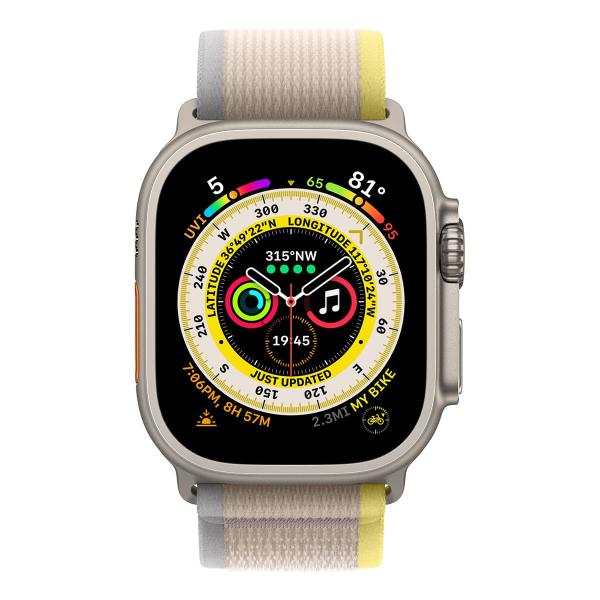 Apple Watch Ultra, 49 мм корпус из титана цвета «Natural», ремешок Trail Loop размера S/M цвета «Yellow/Beige»