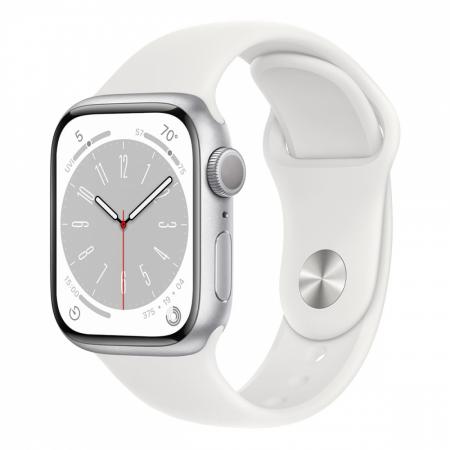Apple Watch Series 8, 41 мм корпус из алюминия цвета «Silver», ремешок Sport Band размера S/M цвета «White» Apple Watch Series 8, 41 мм корпус из алюминия цвета «Silver», ремешок Sport Band размера S/M цвета «White»