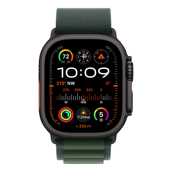 Apple Watch Ultra 2 (2024), 49 мм корпус из титана цвета «Black», ремешок Alpine Loop размера S цвета «Dark Green»