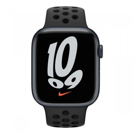 Apple Watch Nike Series 7, 45 мм корпус из алюминия цвета «тёмная ночь», спортивный ремешок Nike цвета «антрацитовый/чёрный» Apple Watch Nike Series 7, 45 мм корпус из алюминия цвета «тёмная ночь», спортивный ремешок Nike цвета «антрацитовый/чёрный»