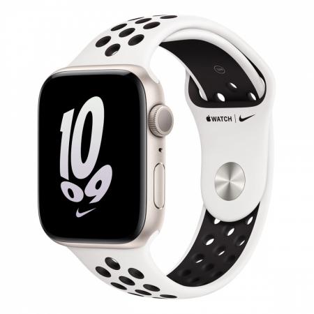 Apple Watch Nike SE (2022), 44 мм корпус из алюминия цвета «Starlight», ремешок Nike Sport Band размера S/M цвета «Summit White/Black» Apple Watch Nike SE (2022), 44 мм корпус из алюминия цвета «Starlight», ремешок Nike Sport Band размера S/M цвета «Summit White/Black»