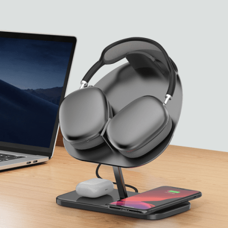 Беспроводное зарядное устройство-подставка для наушников WiWU Hubble Stand Wireless Charger 3в1 30W (M15) Gray, серый