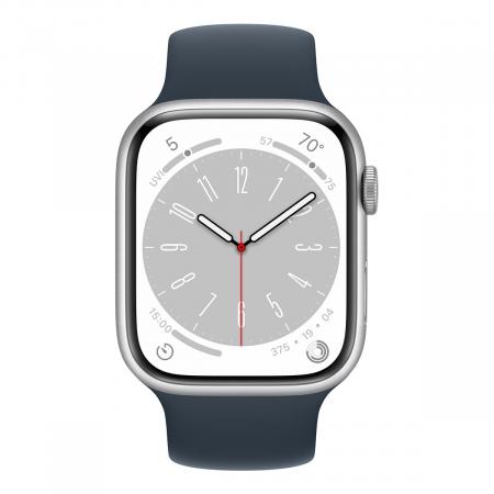 Apple Watch Series 8, 45 мм корпус из алюминия цвета «Silver», ремешок Solo Loop цвета «Storm Blue»