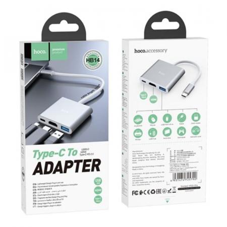 Хаб hoco. Easy use USB-C на USB3.0 + HDMI + PD (HB14) Серый Хаб hoco. Easy use USB-C на USB3.0 + HDMI + PD (HB14) Серый