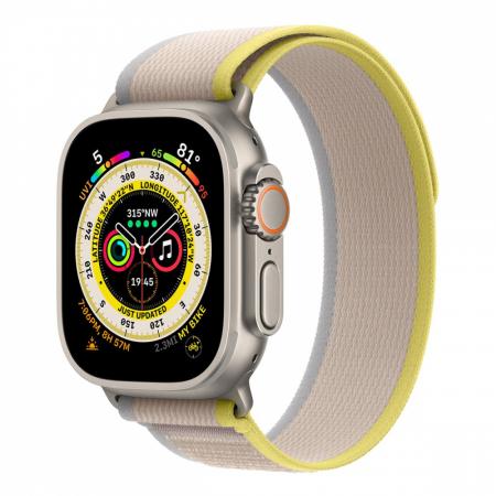 Apple Watch Ultra, 49 мм корпус из титана цвета «Natural», ремешок Trail Loop размера S/M цвета «Yellow/Beige» Apple Watch Ultra, 49 мм корпус из титана цвета «Natural», ремешок Trail Loop размера S/M цвета «Yellow/Beige»