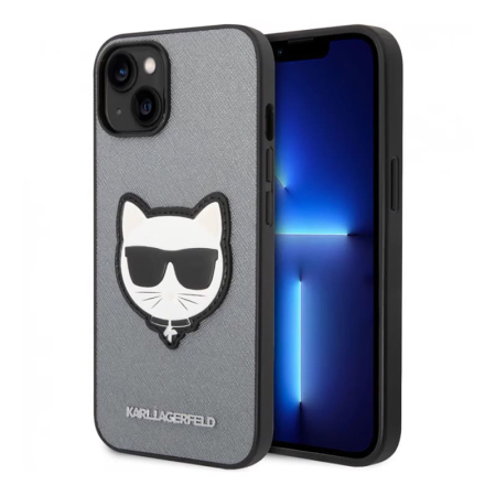 Чехол Karl Lagerfeld для iPhone 14 PU Saffiano Choupette head Patch Hard (KLHCP14SSAPCHG) Серебристый