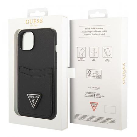 Чехол Guess для iPhone 14 PU Saffiano Double cardslot Metal triangle logo Hard (GUHCP14SPSATPK) Черный