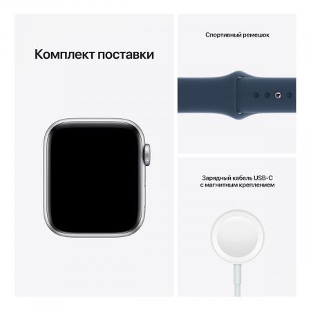 Apple Watch SE (2020), 44 мм корпус из алюминия серебристого цвета, спортивный ремешок цвета «синий омут» Apple Watch SE (2020), 44 мм корпус из алюминия серебристого цвета, спортивный ремешок цвета «синий омут»