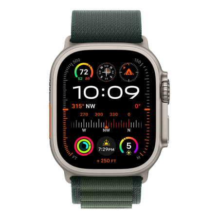 Apple Watch Ultra 2 (2024), 49 мм корпус из титана цвета «Natural», ремешок Alpine Loop размера L цвета «Dark Green»