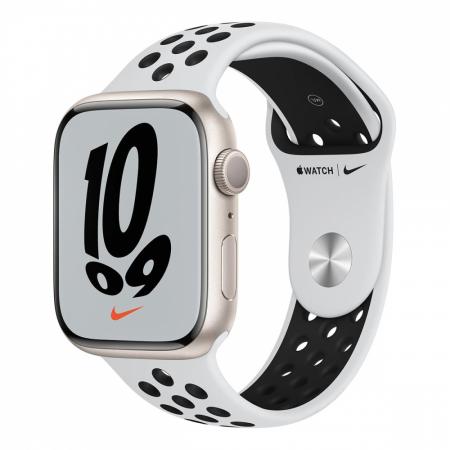 Apple Watch Nike Series 7, 45 мм корпус из алюминия цвета «сияющая звезда», спортивный ремешок Nike цвета «чистая платина/чёрный» Apple Watch Nike Series 7, 45 мм корпус из алюминия цвета «сияющая звезда», спортивный ремешок Nike цвета «чистая платина/чёрный»