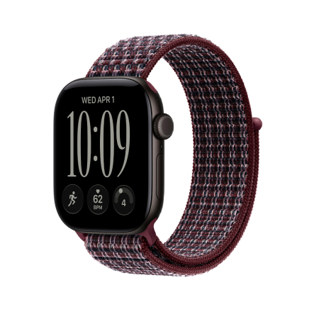 Apple Watch Series 12, 42 мм корпус из алюминия цвета «Black», ремешок Sport Loop цвета «Burgundy Plaid»